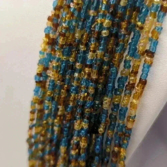 Blue, Brown & Gold Seed Bead Multi-Strand Necklace 26” + extender 25 strands euc - Picture 3 of 5